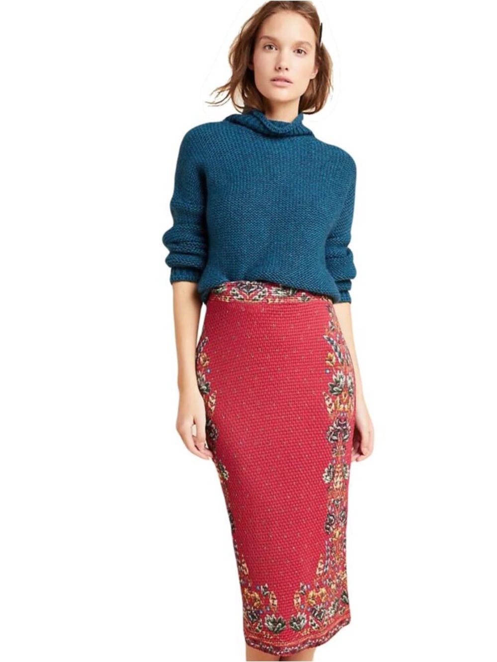 NWT Anthropologie x Farm Rio Catalina in Red Floral Waffle Knit Pencil Skirt XL